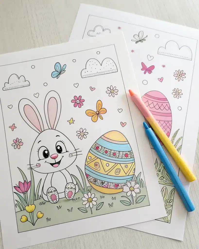 coloring pages of a bunny with eggs and flowers