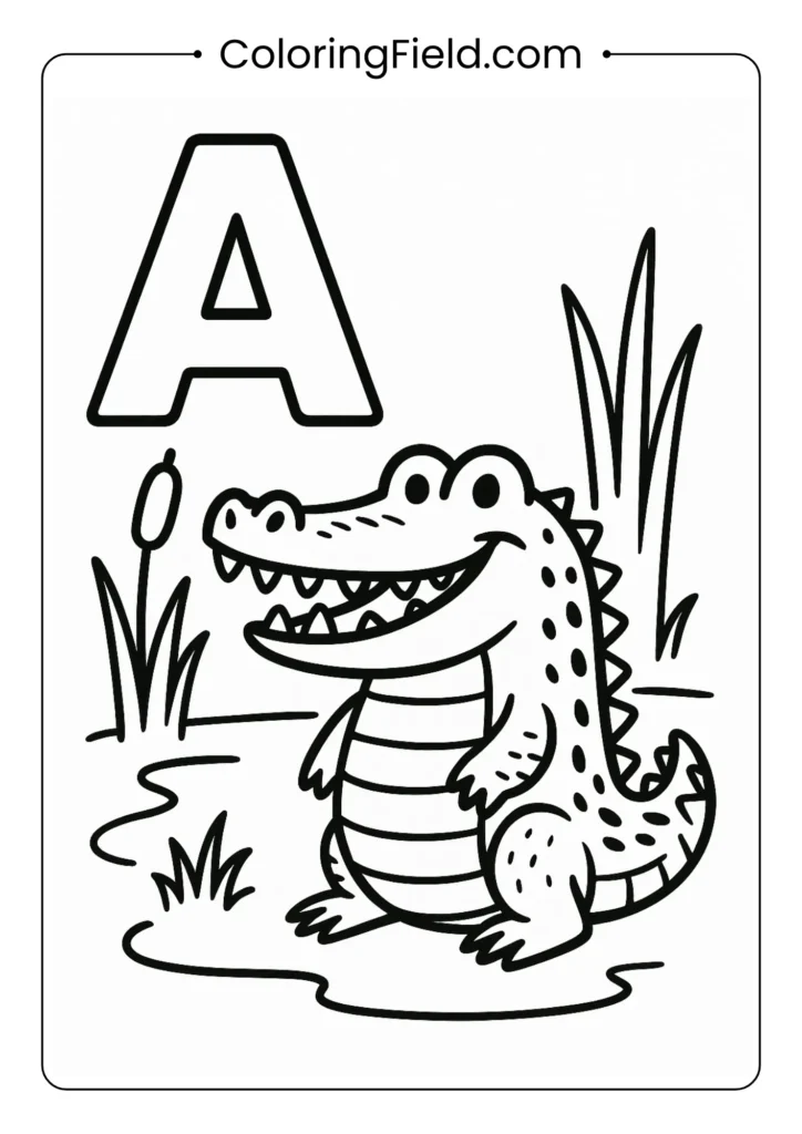 Animal alphabet letter A coloring page with friendly alligator in swamp setting