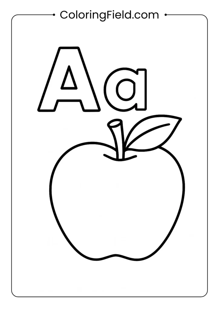 Letter A coloring page with apple illustration for kids alphabet learning