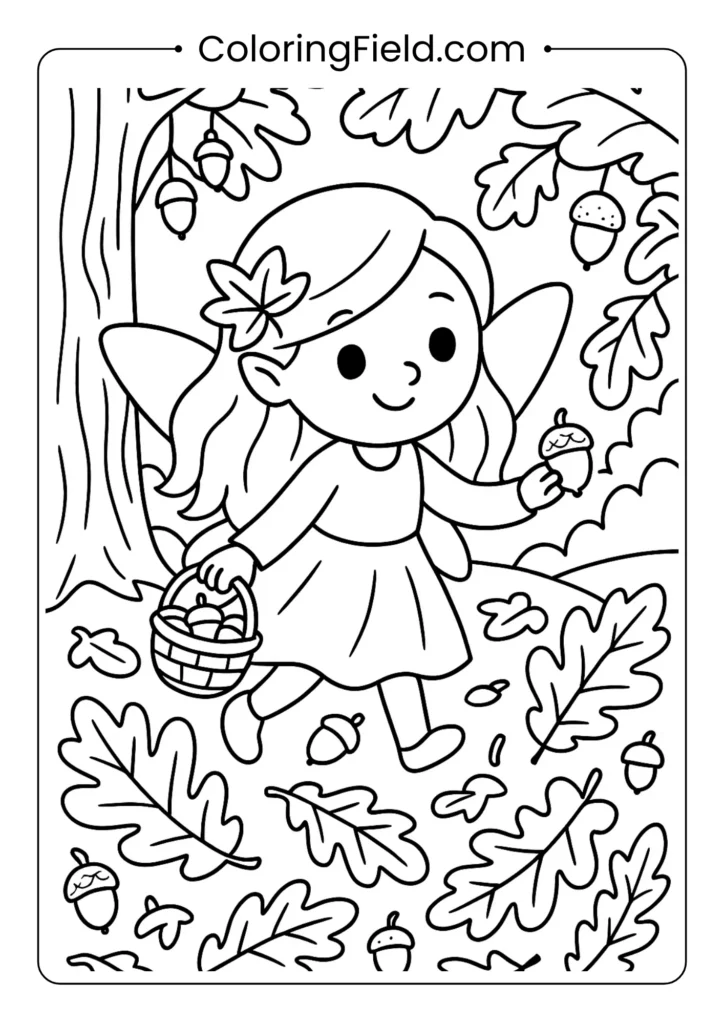 Fairy collecting acorns in tiny basket coloring page for fall
