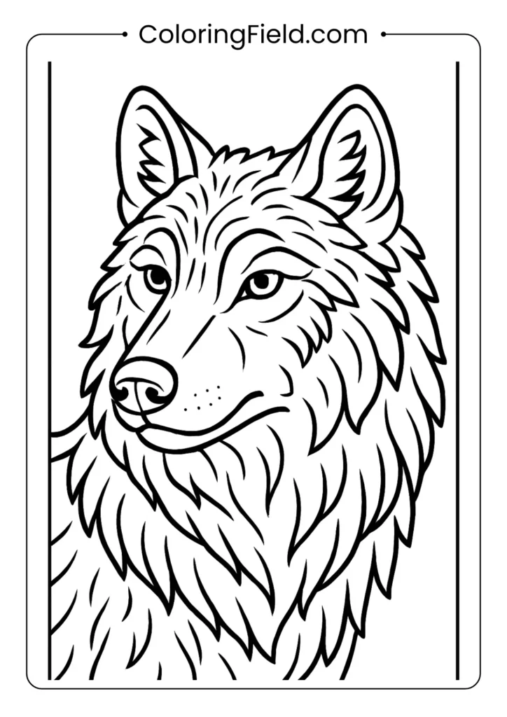Alpha wolf portrait coloring page with detailed fur texture and piercing eyes for adult coloring