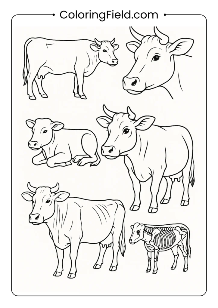 Detailed cow anatomy study showing different angles and poses educational coloring page