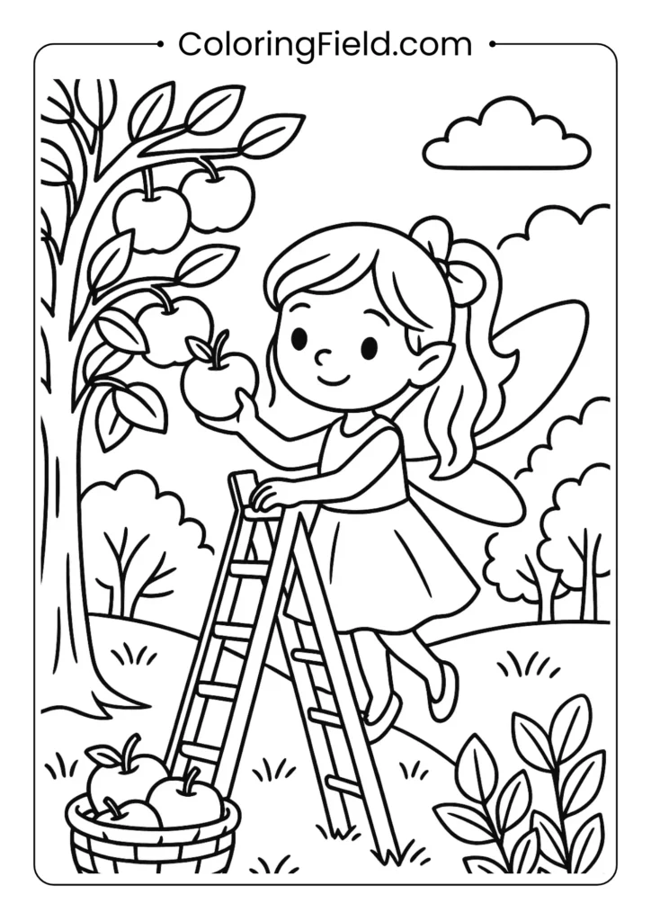 Fairy picking apples from tree with ladder coloring page for autumn