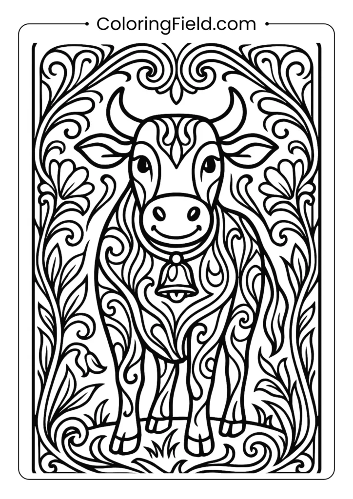 Cow with Art Nouveau decorative elements elegant coloring page
