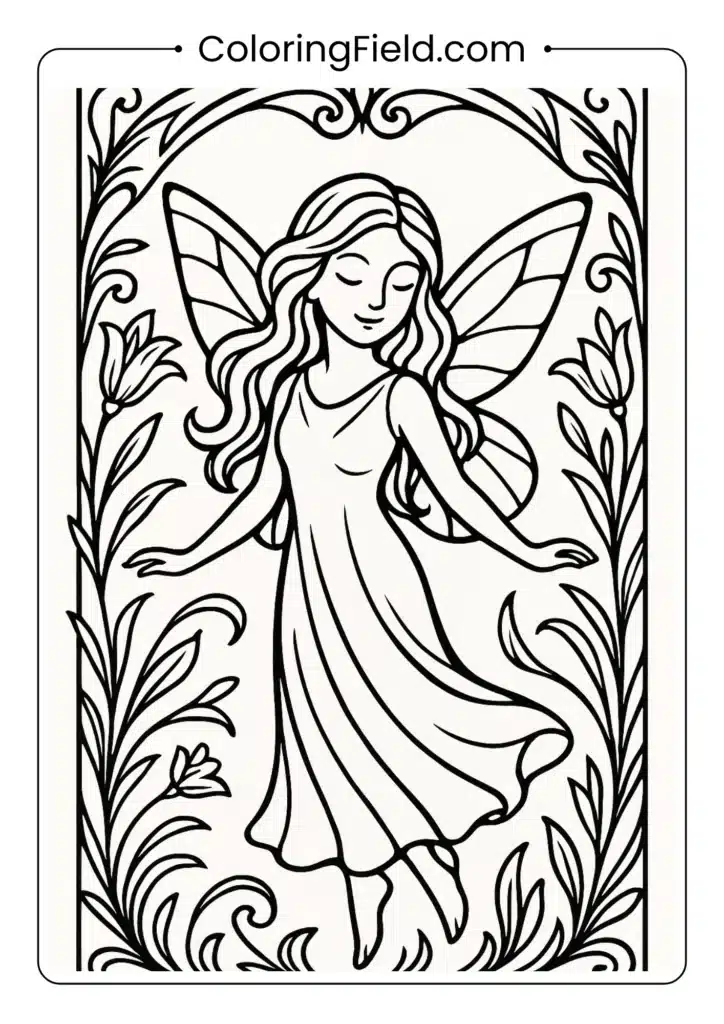 Art nouveau style fairy with ornate botanical borders coloring page for adults