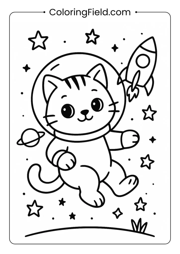 Kitten in spacesuit floating with stars.