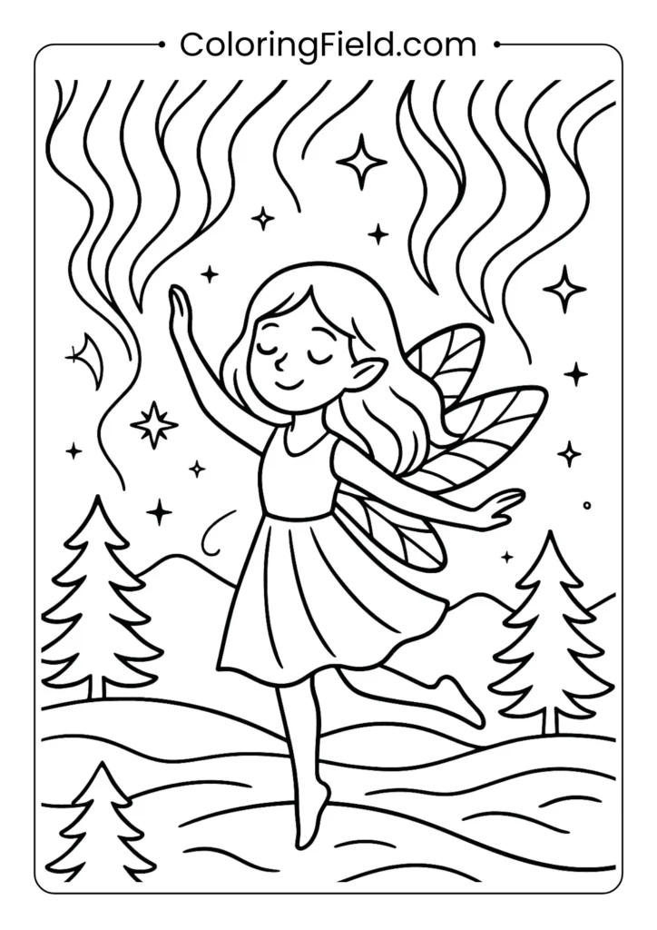 Fairy dancing under northern lights winter night sky coloring page