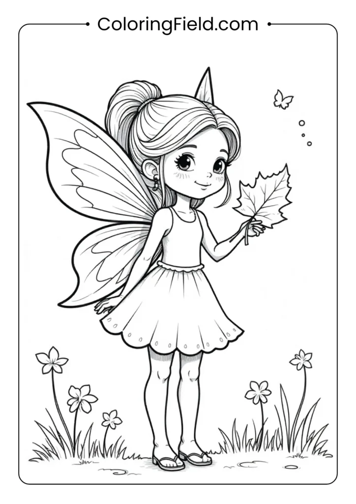 Autumn leaf fairy coloring page featuring a delicate fairy with leaf-shaped wings surrounded by falling autumn leaves and forest details.