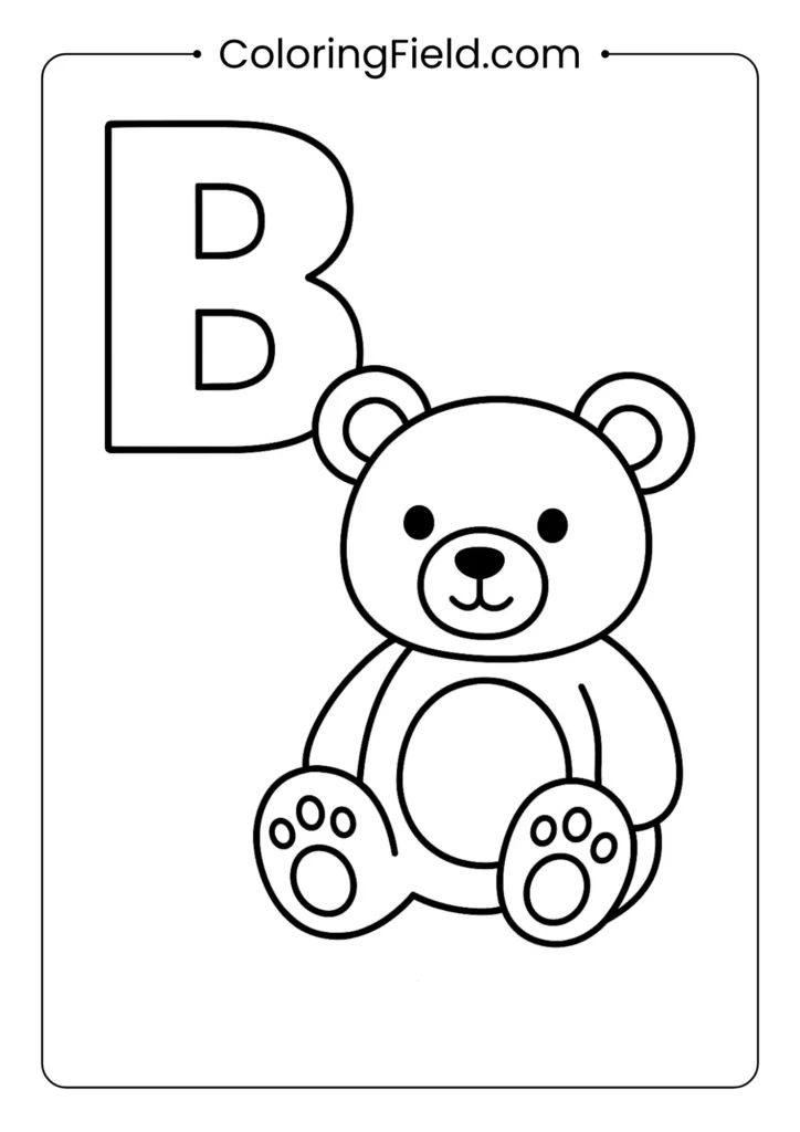 Animal alphabet letter B coloring page with cuddly teddy bear
