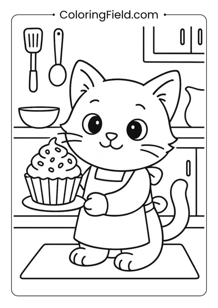 Kitten holding decorated cupcake.