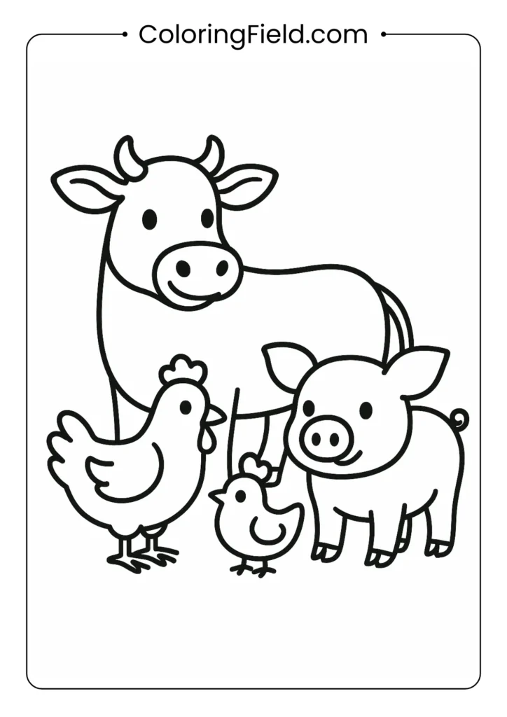 Cow with chicken and pig simple farm animals coloring page