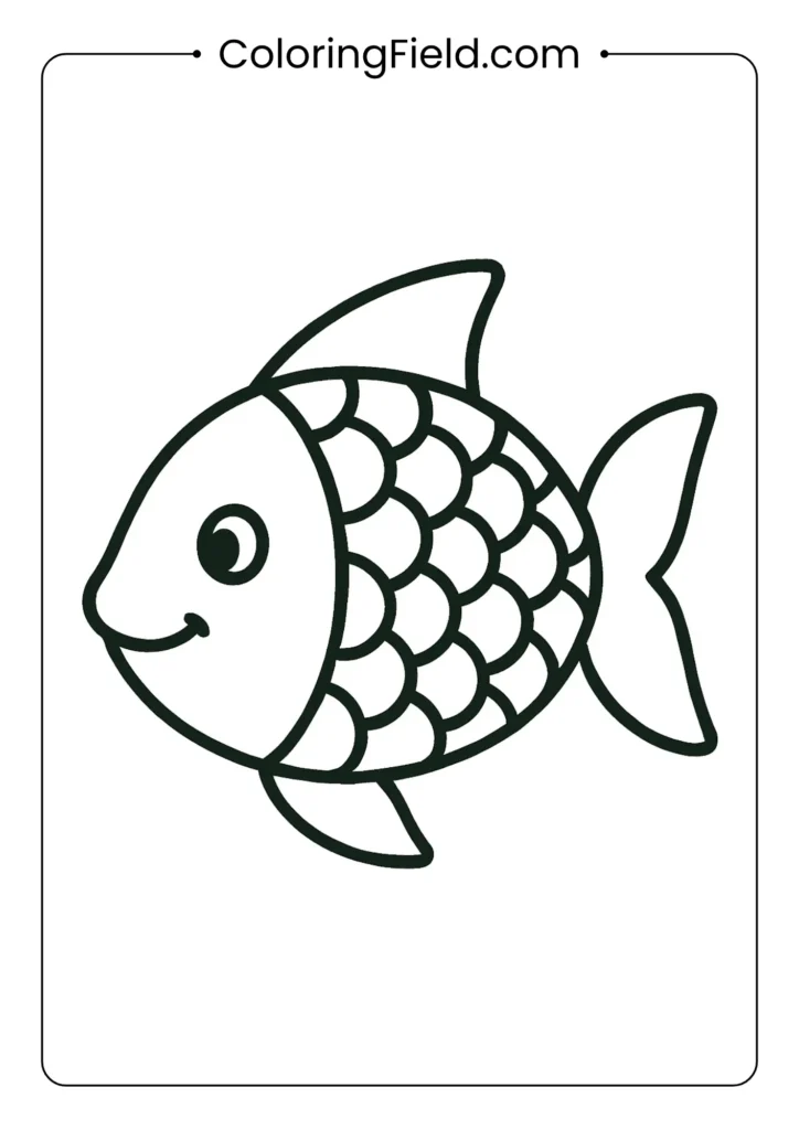 Large tropical fish coloring page with simple scale pattern and smiling face