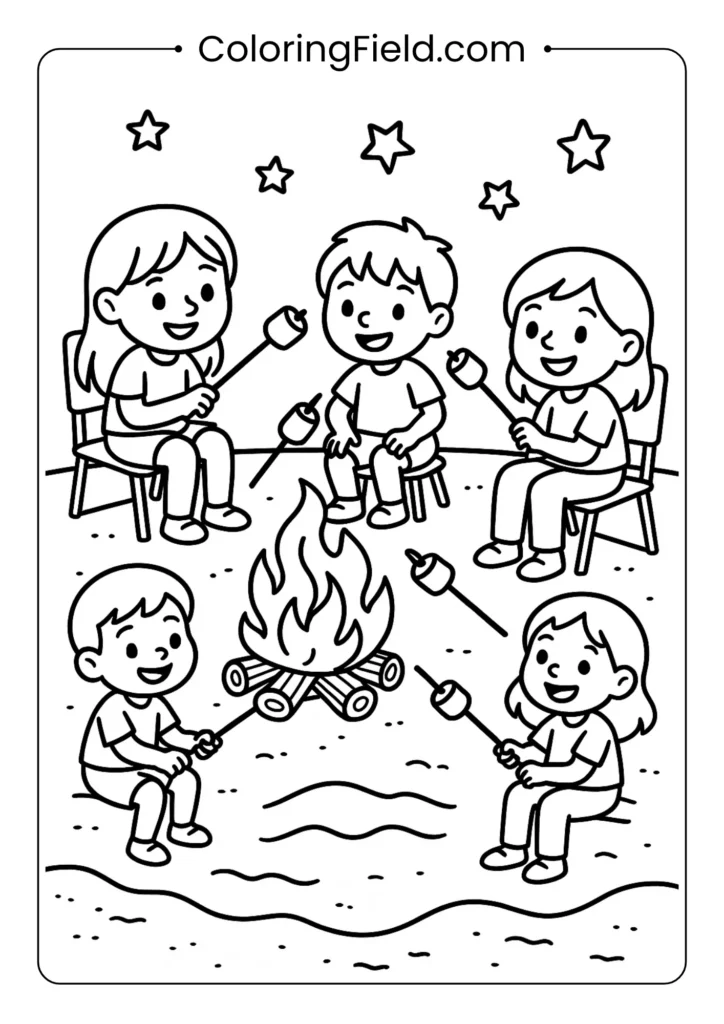 Kids around beach bonfire coloring page with marshmallows and camping chairs
