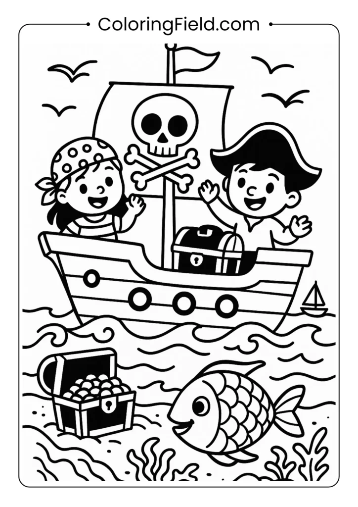 Cartoon pirate ship coloring page with skull flag and treasure chest