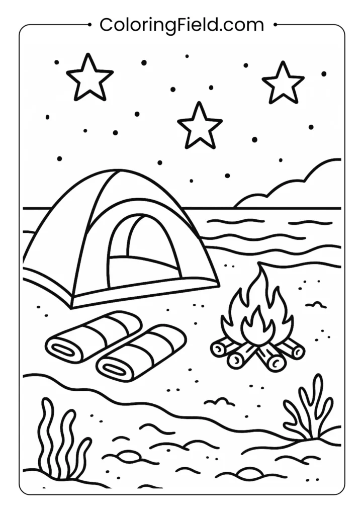 Tent on beach coloring page with campfire, sleeping bags and ocean view