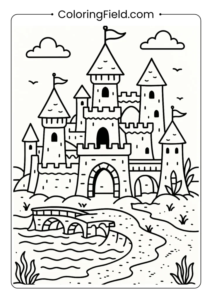 Elaborate sand kingdom coloring page with towers, bridges and flags