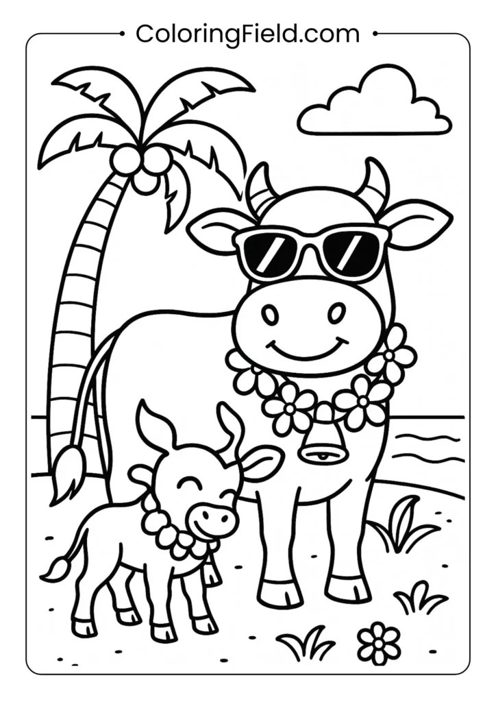 Beach cow with sunglasses and lei vacation coloring page