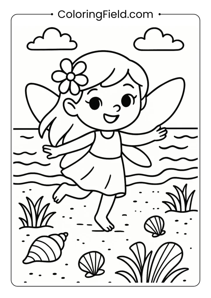 Fairy playing on sandy beach with seashells coloring page for summer