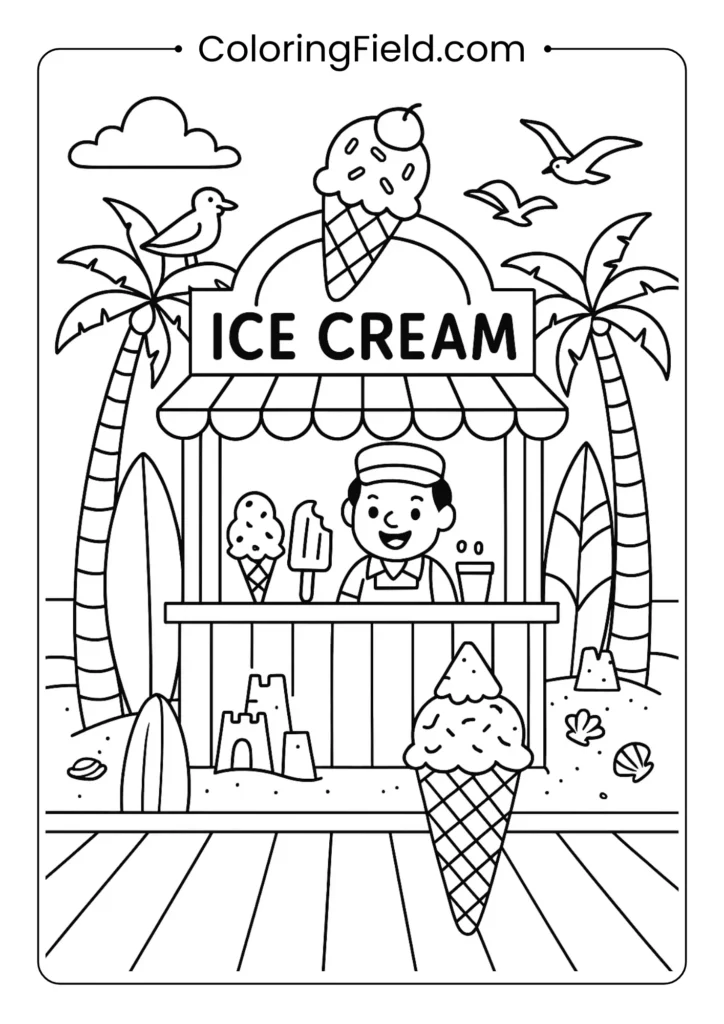 Beach ice cream stand coloring page with surfboards, palm trees and seagulls
