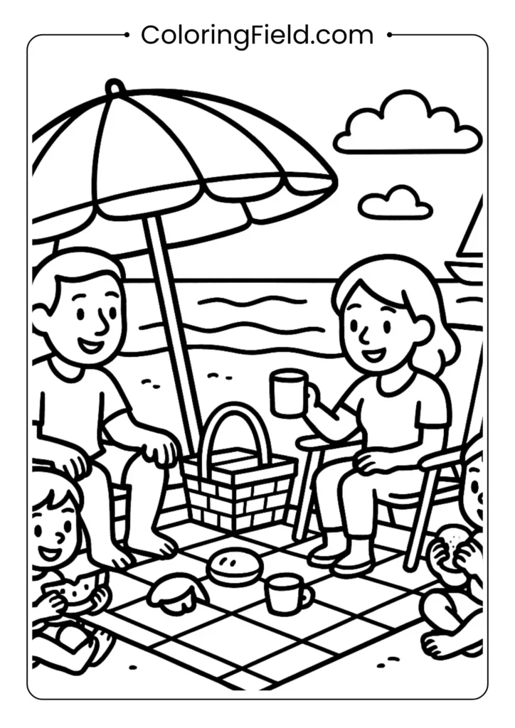 Family beach picnic coloring page with umbrella, basket and distant sailboat