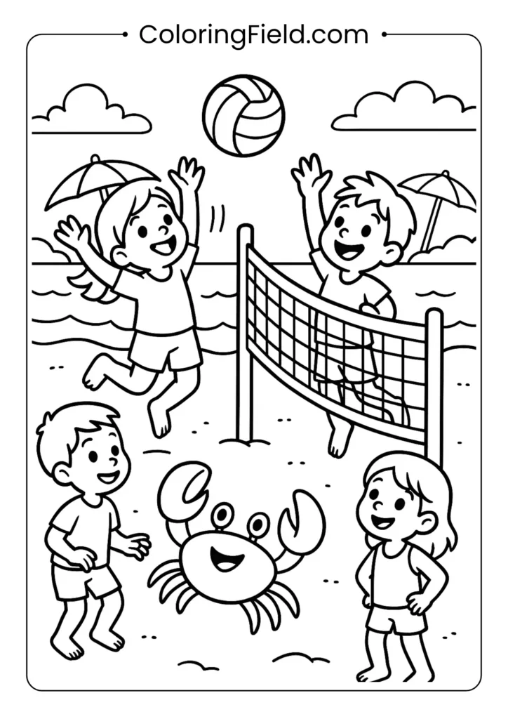 Kids playing beach volleyball coloring page with net and jumping players