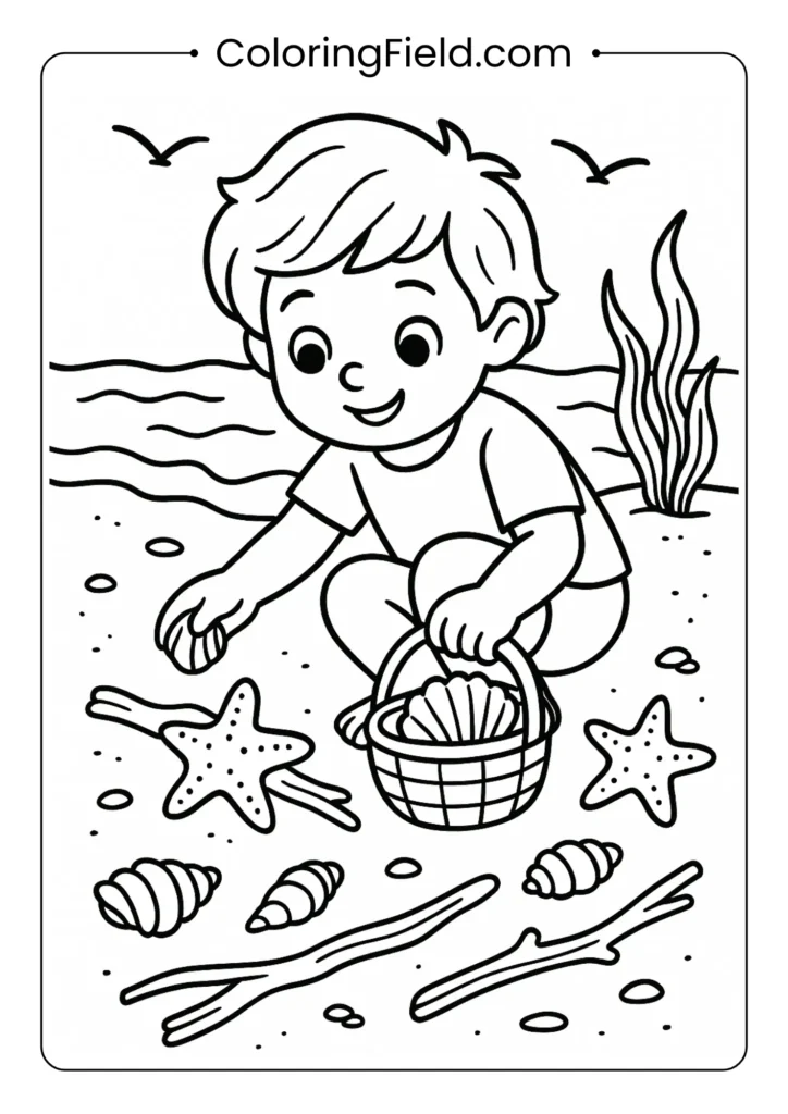 Child collecting shells and starfish coloring page, beach treasure hunt
