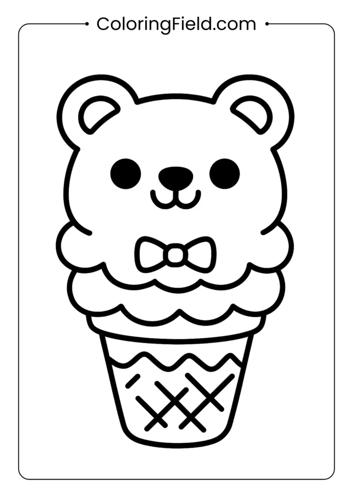 Teddy bear ice cream sandwich coloring page with bow tie and button details