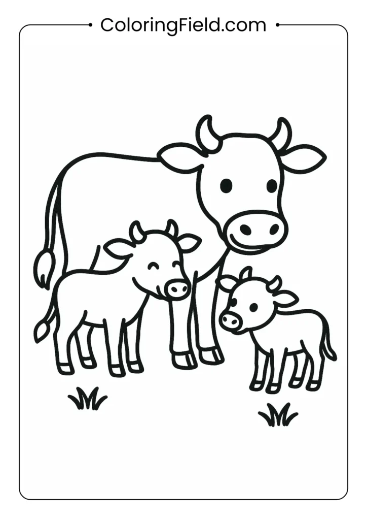 Mother cow with two calves family scene simple coloring page