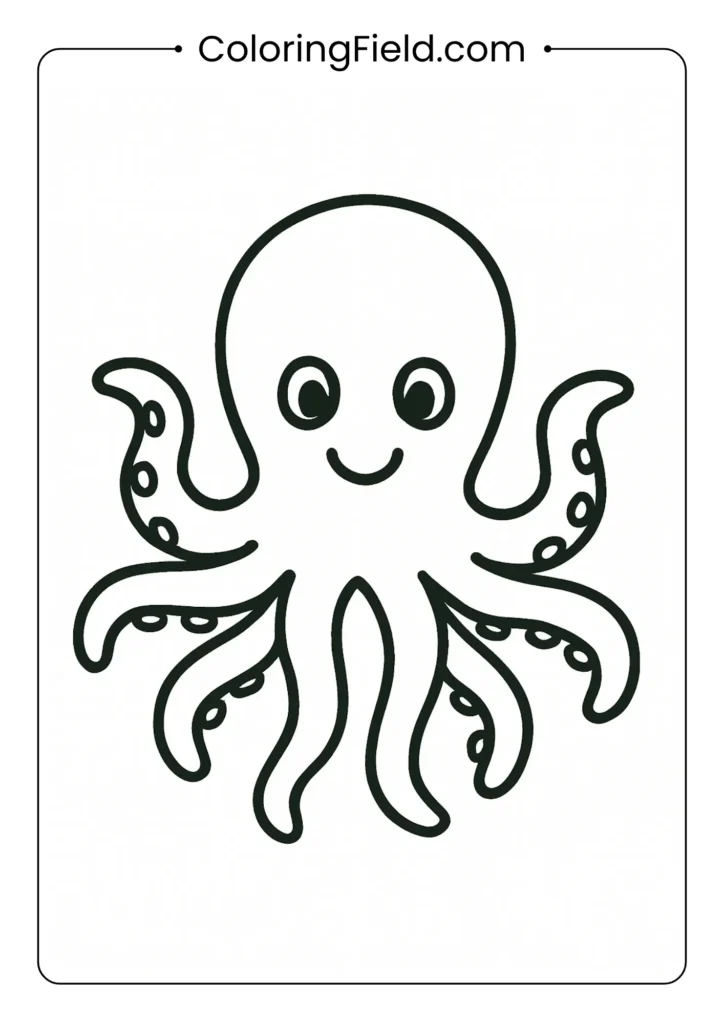 Friendly octopus coloring page with eight thick arms and smiling face