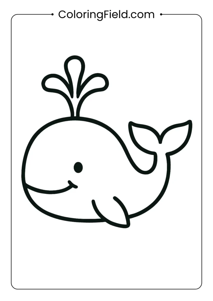 Large friendly whale coloring page with water spout, thick outlines