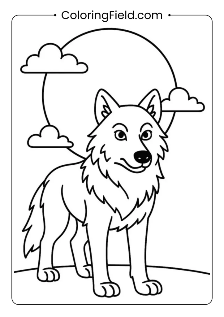 Big wolf standing in front of full moon coloring page with dramatic silhouette and detailed fur