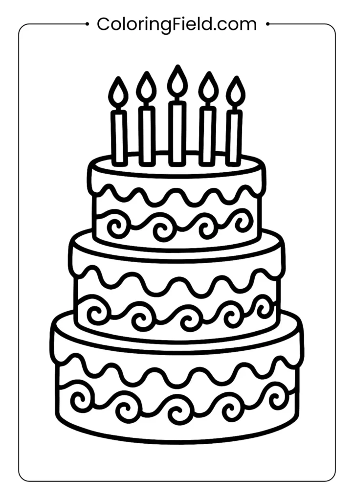 Three-tier birthday cake coloring page with decorative swirls and candles