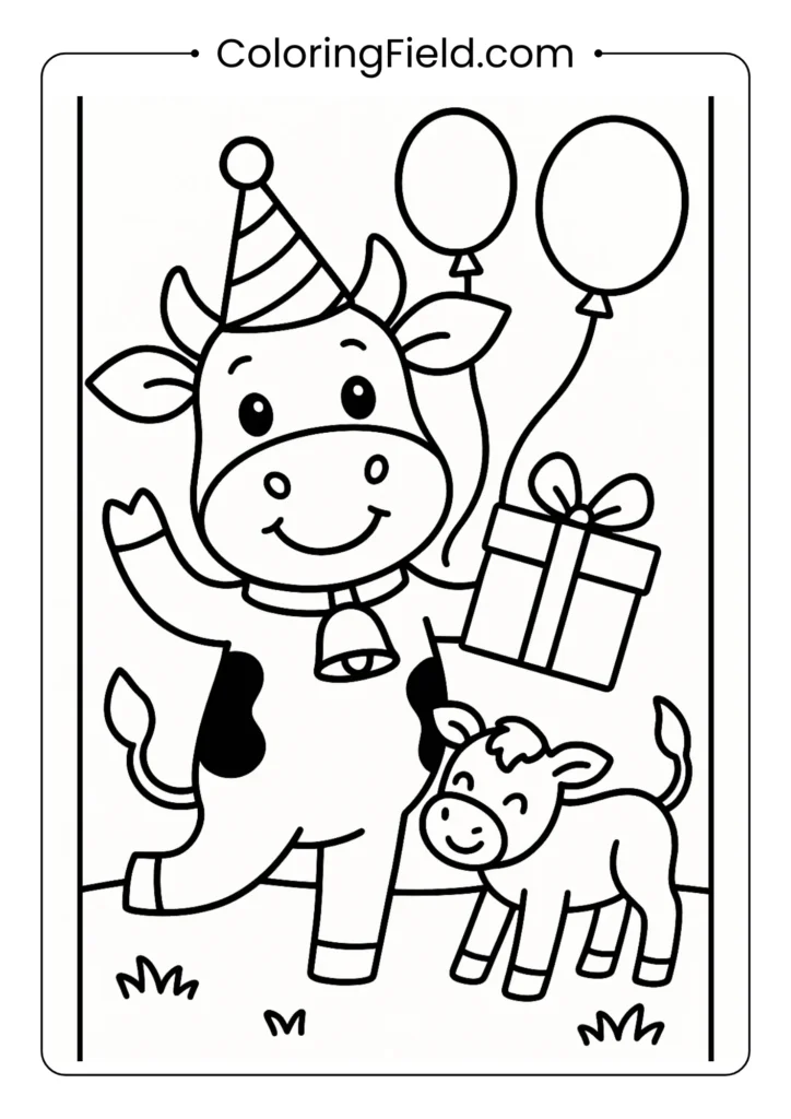 Birthday cow with balloons and party hat festive coloring page