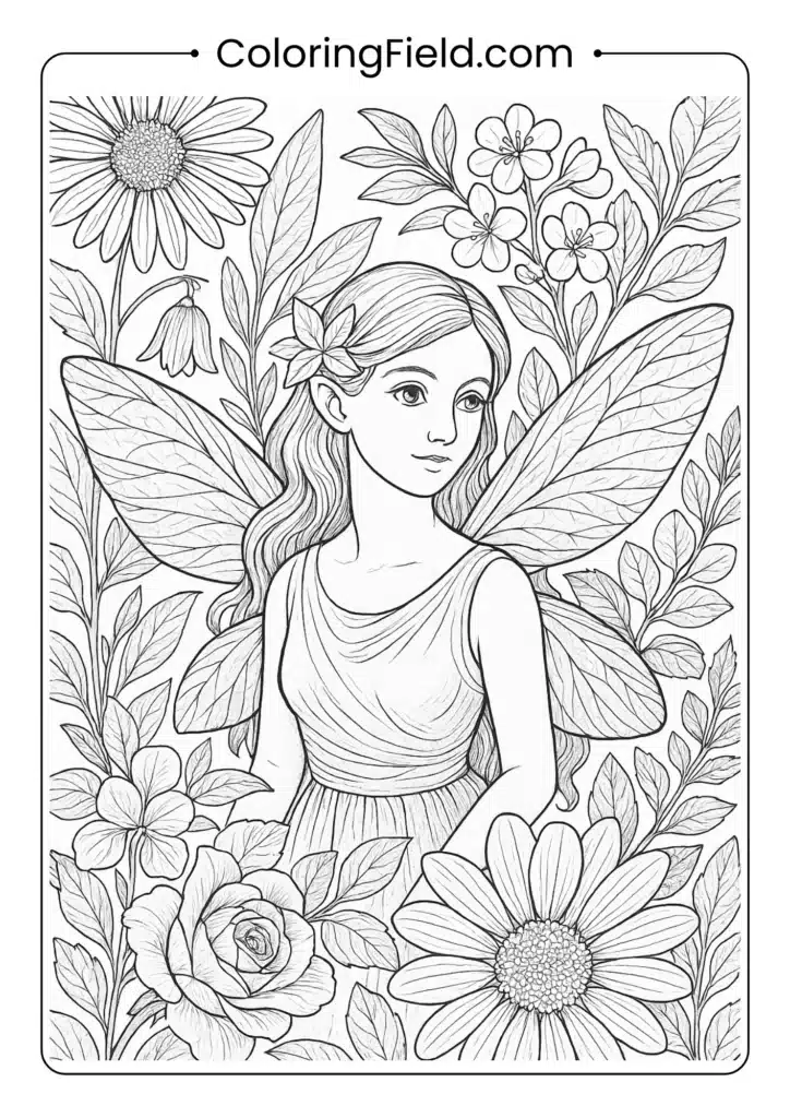 Fairy integrated with detailed botanical illustration coloring page for adults
