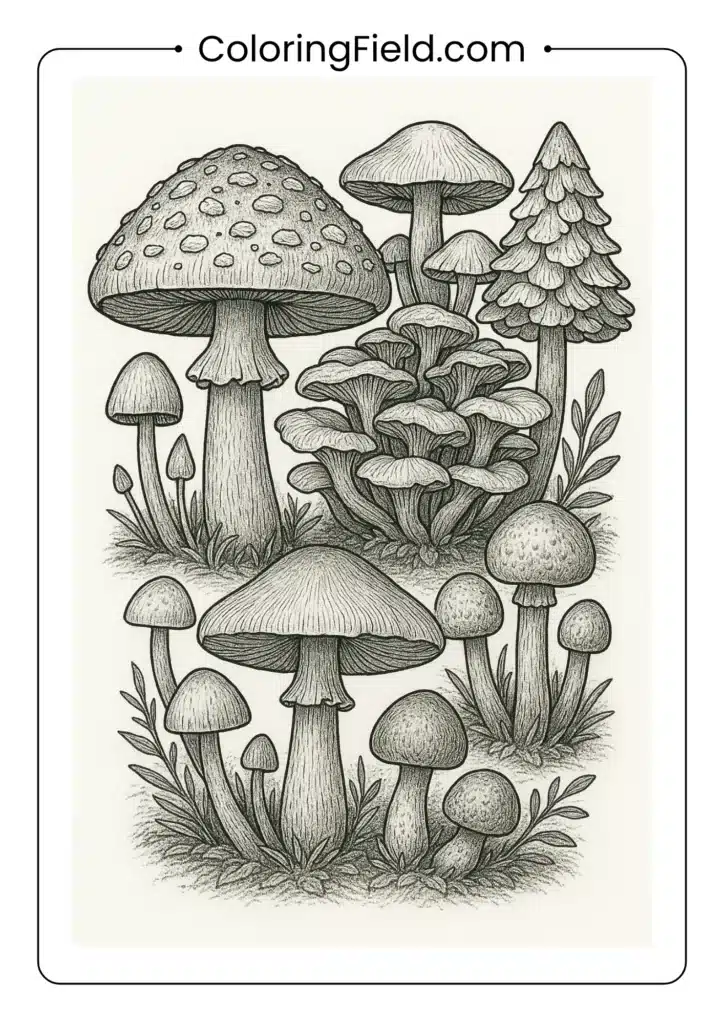 Detailed composition of various mushroom types in different growth stages coloring page