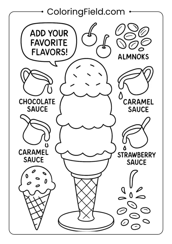 Interactive build-your-own sundae template coloring page with customizable elements