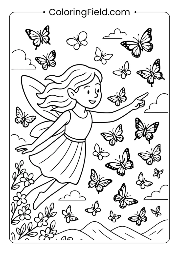 Fairy guiding migrating butterflies coloring page for spring