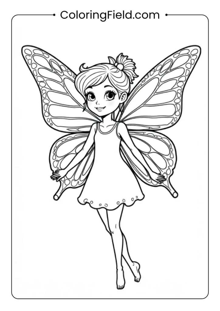 Butterfly wing fairy coloring page featuring a graceful fairy with large, delicate butterfly wings surrounded by flowers and nature details.
