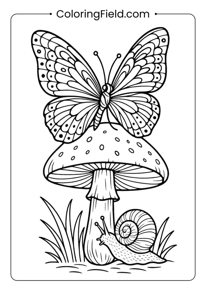 Butterfly with detailed wing patterns perched on mushroom cap coloring page