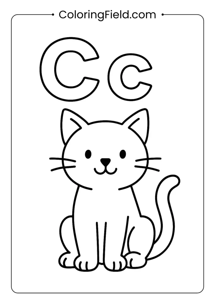 Letter C coloring page with friendly cat illustration for early learning