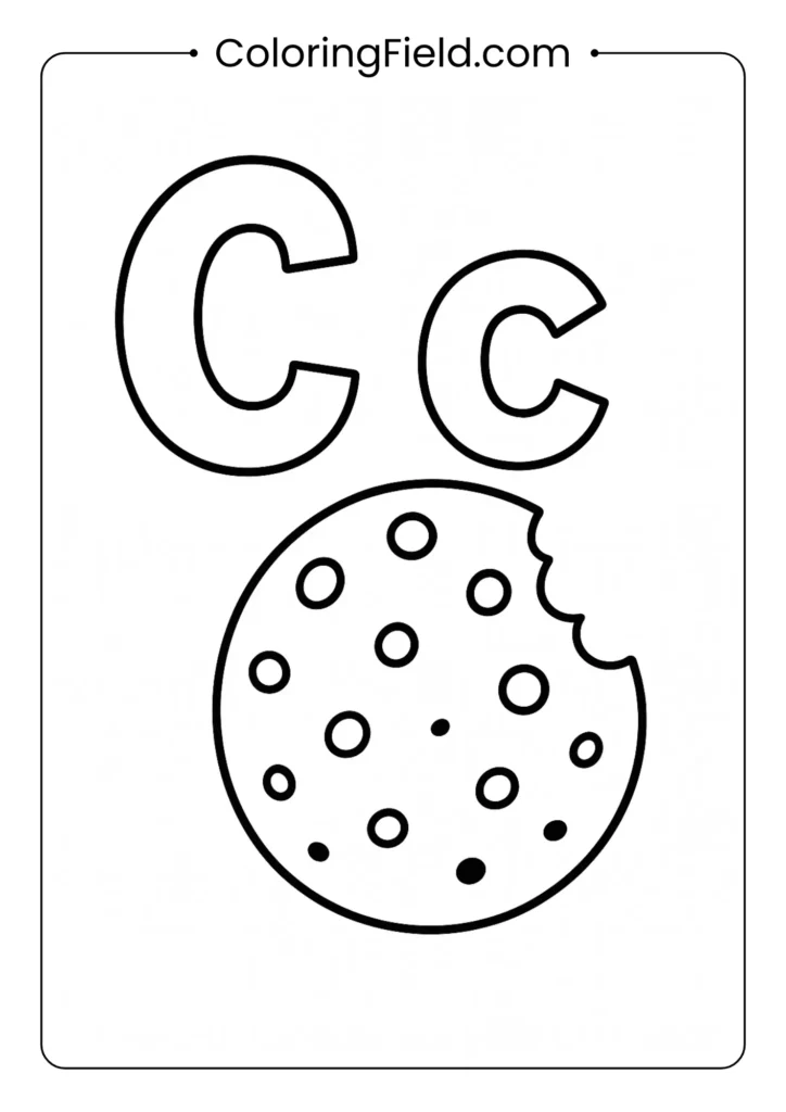 Food alphabet letter C coloring page with chocolate chip cookie