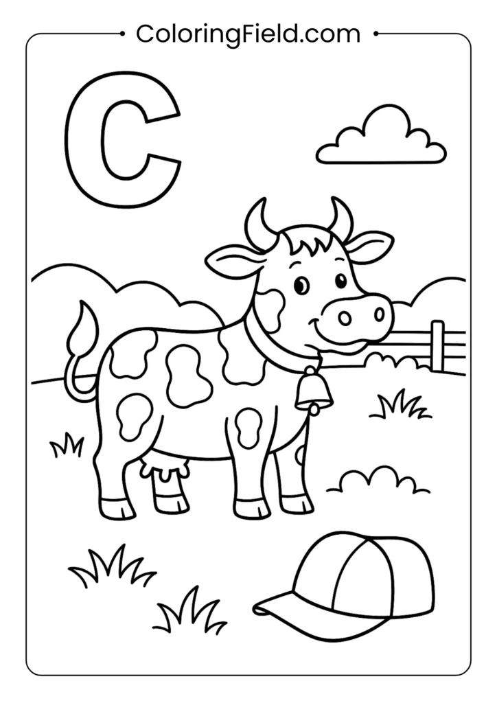 Animal alphabet letter C coloring page with farm cow in pasture