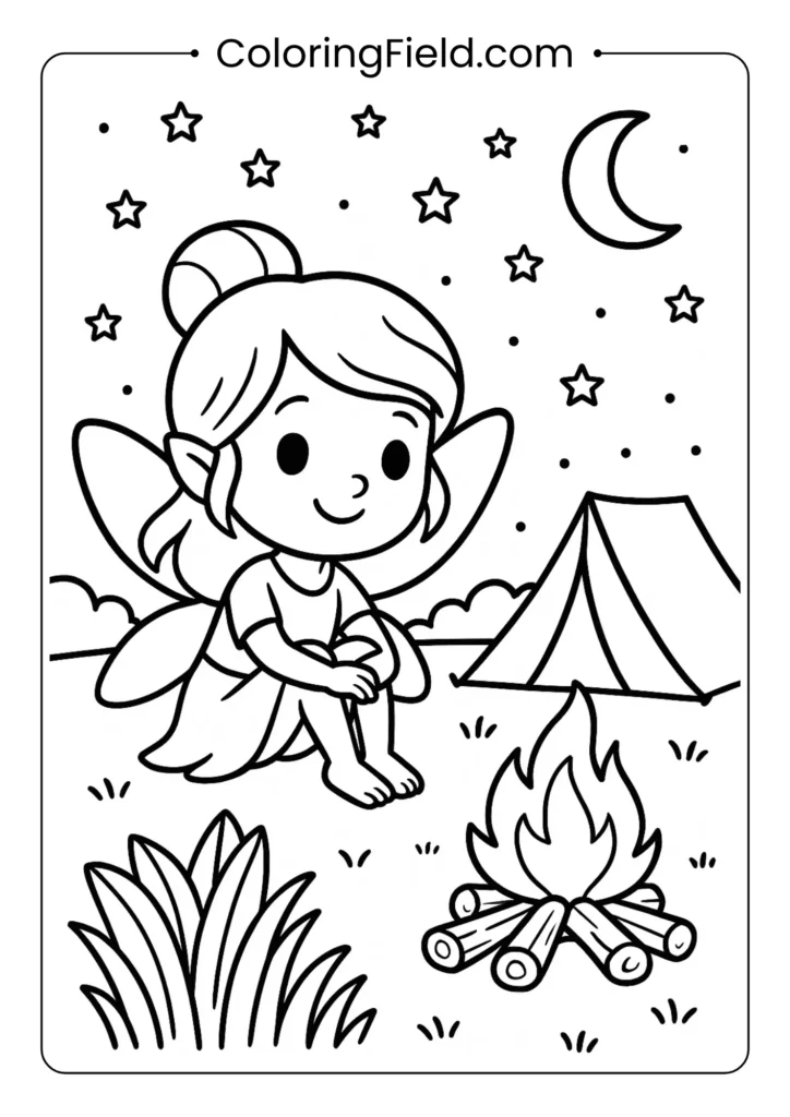 Fairy around tiny campfire under starry night coloring page for summer