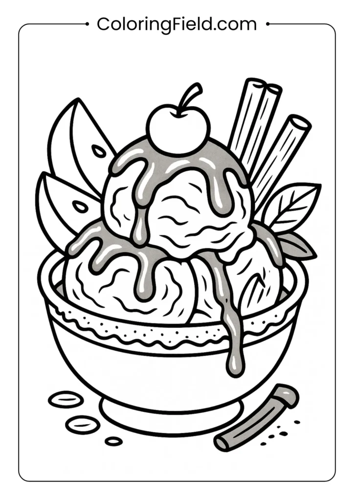 Caramel apple sundae coloring page with cinnamon sticks and graham cracker rim
