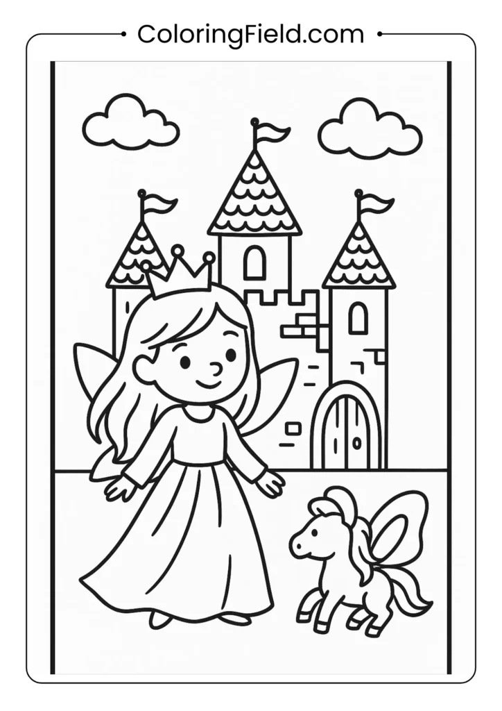 Fairy princess in front of fairy tale castle coloring page for children