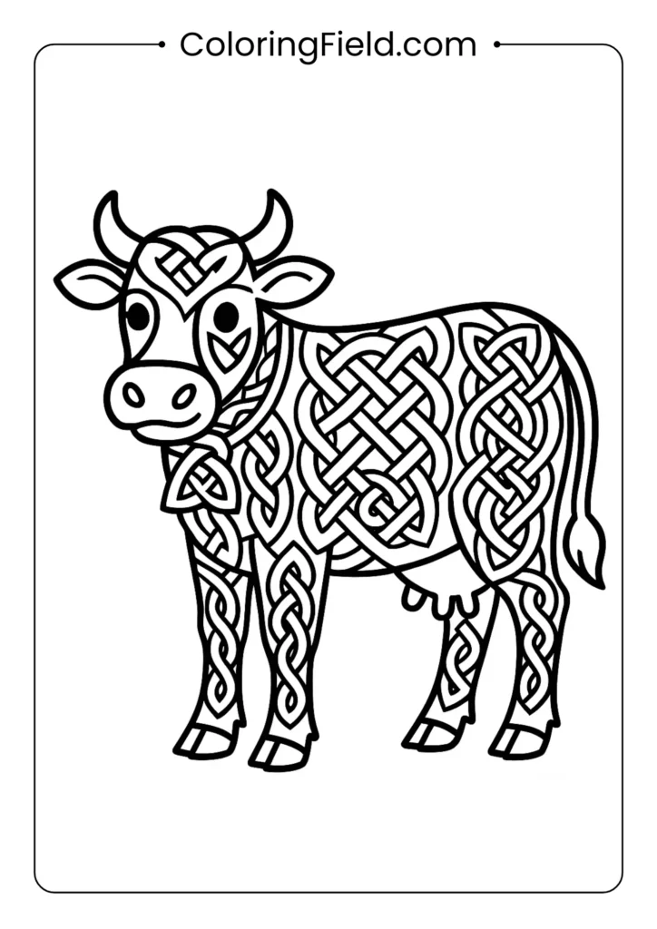 Cow with Celtic knot patterns traditional design coloring page