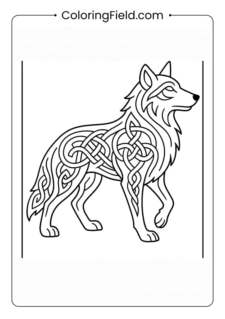 Celtic wolf knot coloring page with traditional interwoven patterns and trinity symbols