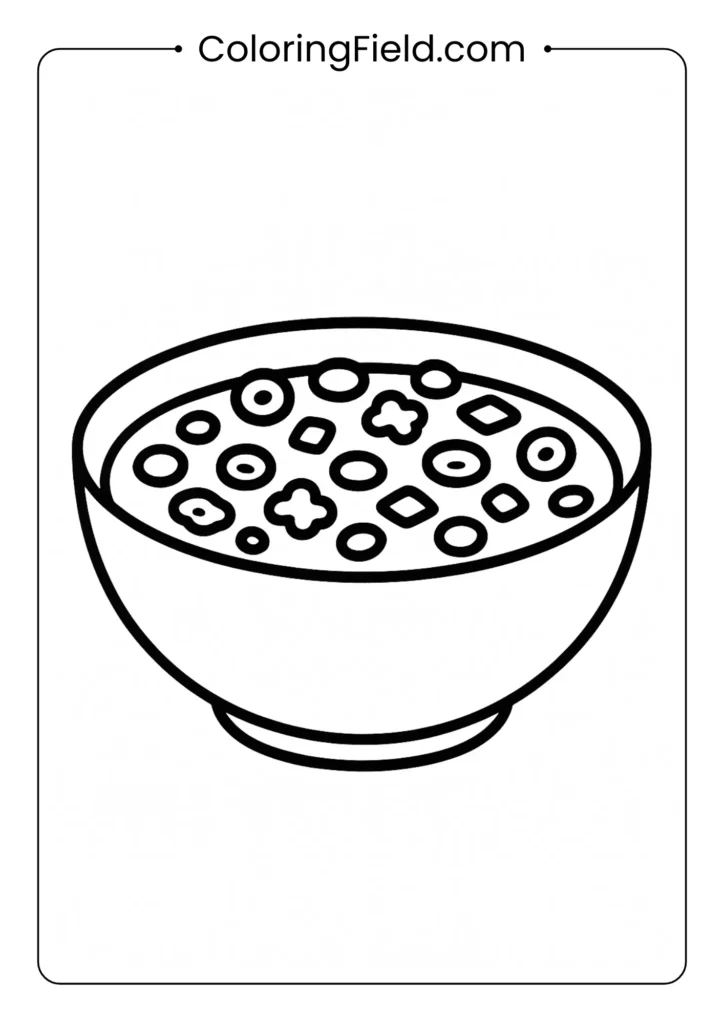 Cereal bowl coloring page with rim and floating cereal pieces
