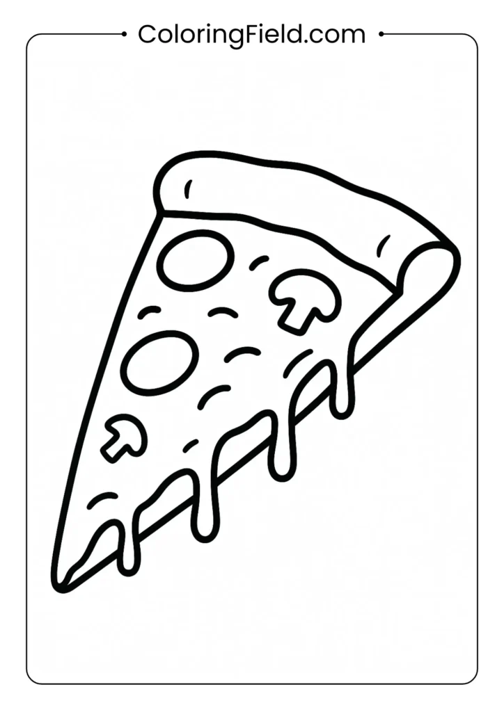 Pizza slice coloring page with cheese strings and triangular shape
