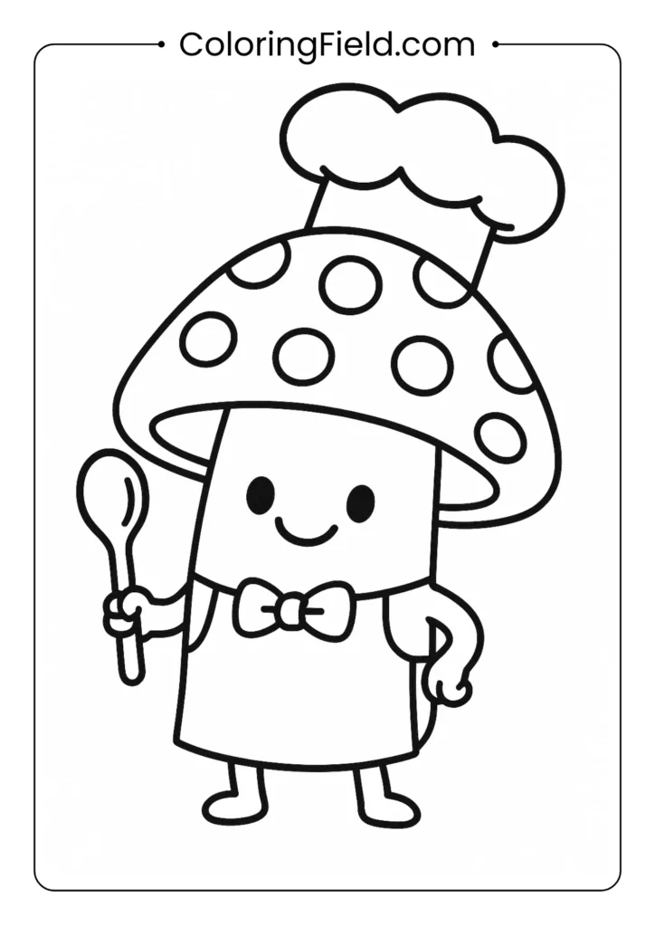 Mushroom chef wearing apron and hat holding wooden spoon coloring page